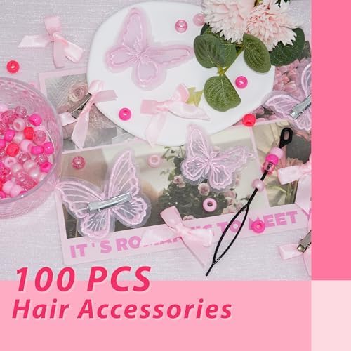 100PCS Small Pink Bows Gradient Hair Beads for Braids Embroidery Butterfly Hair Clips Loc Jewelry Acrylic Large Beads Cute Hair Accessories Dreadlock for Women and Girls - Image 7