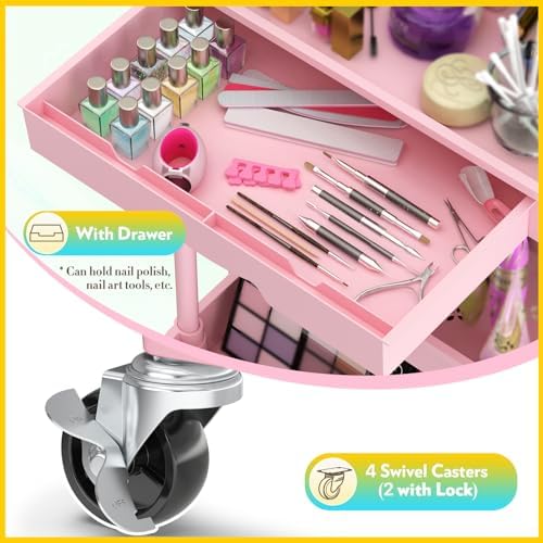 SUNALLY Makeup Cart Organizer with Drawer, 4 Tier Rolling Makeup Cart, Pink - Image 3