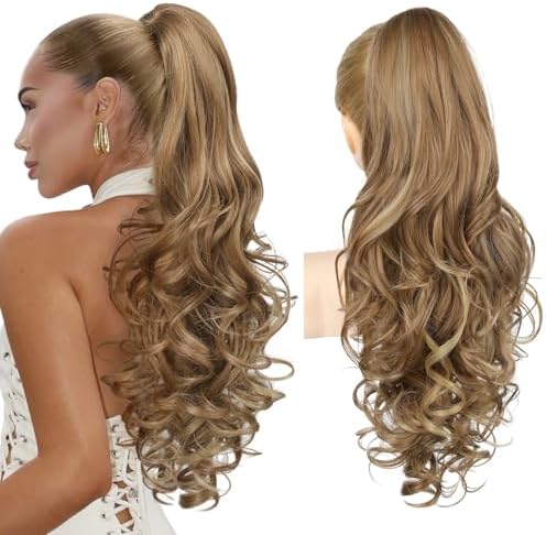 REECHO Ponytail Extension, 24" Claw Clip in Long Curly Wavy Ponytail Hair Extension Jaw Clip on Pony Tails Hairpiece for Women - Light Brown with Highlights by REECHO