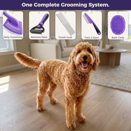 5PCS Dog Grooming Kit with Long Pin Slicker Brush for Dogs, Violet - Image 2