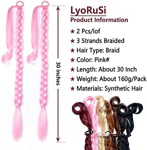 LyoRuSi 2 Pack 34 Inch Pink Long Braided Ponytail Extension with Hair Tie - Image 2