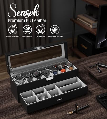 Watch Case Box for Men - 7 SLots Watches Storage Organizer Real-Glass Display Case with Jewelry Drawer 2-Layer PU Leather Collection Holder Gift for Loved Ones Black - Image 3