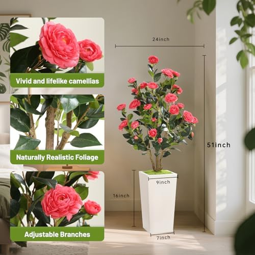 Romantic Season 4FT Artificial Camellia Tree with White Tall Planter, Pink Faux Camellia Plant Flower Tree for Modern Home Office Living Room Floor Décor Outdoor Indoor，Pink - Image 3