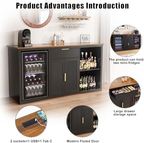 GDLF 70.1" Coffee Bar Cabinet with Fridge Space, Fluted Sideboard,Black - Image 5