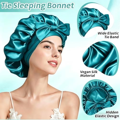 VECIIR Silk Bonnet for Sleeping Women，Hair Bonnet for Sleeping Silk Night Cap for Curly/Natural Hair Skin Hazel Cyan, Large - Image 5