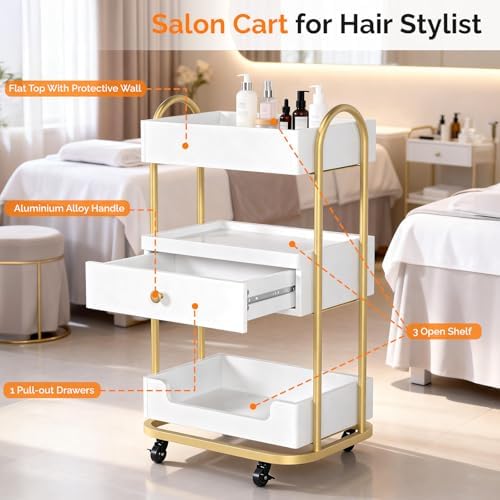 OmySalon Salon Trolley Cart, Hair Styling Station with 3 Trays & 1 Drawer, 2 Lockable Wheels, Esthetician Cart Mobile Storage Cabinet for Beauty Spa Barbershop, White - Image 3
