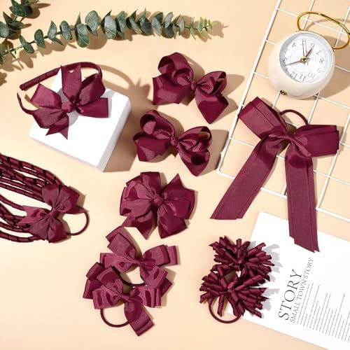 DEEKA Burgundy School Hair Accessories Set 13 Pcs Uniform Hair Bow Headband Clips Hair Ties Curly Korker Bows for Little Toddler School Girls (Burgundy) - Image 5