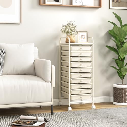 Giantex 10-Drawer Storage Cart w/Universal Wheel, Rolling Cart w/Handle, Home Organizer Storage Unit w/Removable Drawers, Trolley Utility Cart for Kitchen Makeup Living Room Office Play Room, Ivory - Image 6