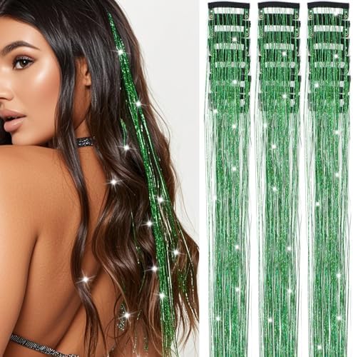 18 Pcs Hair Tinsel Clip in, 20.5 Inch Glitter Tinsel Hair Extensions, Shiny Sparkling Fairy Hair Tinsel Clips, Dazzling Party Hair Accessories for Girls Women Kids (Green) by Nielp