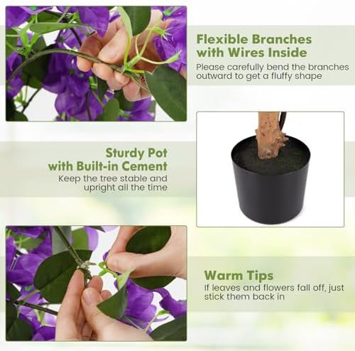 Goplus 53” Bougainvillea Artificial Tree, Faux Silk Flower Tree in Pot w/ 576 Flowers, 288 Leaves, Tall Fake Floor Plant, Artificial Plants for Indoor Outdoor Bedroom Living Room Decor, Purple - Image 5