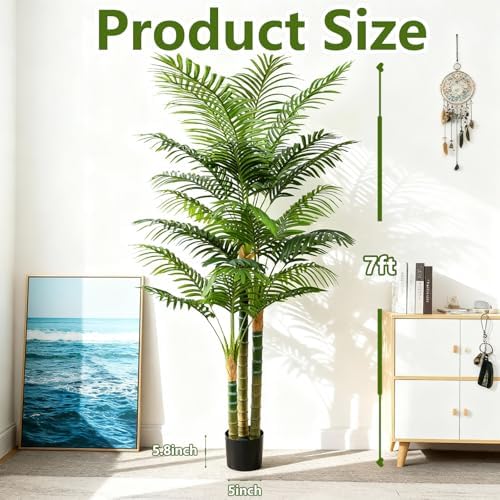 7FT Tall Golden Cane Artificial Palm Tree, Large Faux Palm Tree with 3 Textured Trunks, Outdoor Artificial Plants, Fake Tree for Indoor Office Living Room Outside Patio. - Image 4