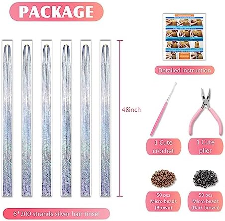 Silver Hair Tinsel Kit 48 Inches 1200 Strands with Tools and Instruction Easy to Install Fairy Glitter Tinsel Hair Extensions for Women and Girls，Shinny Sparkling Braiding Hair Accessories for Halloween Cosplay Party - Image 4
