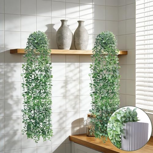Artificial Hanging Plants for Shelf, Fake Potted Greenery 2-Pack Faux Eucalyptus Vine in Black Pot, Décor for Office Living Room Bathroom Indoor Outdoor by Unknown