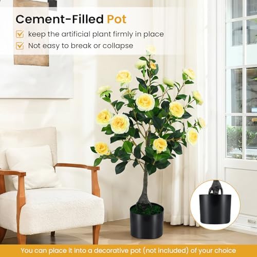 Goplus 35.5’’ Artificial Camellia Tree, Flower Plants Artificial Tree - Image 5