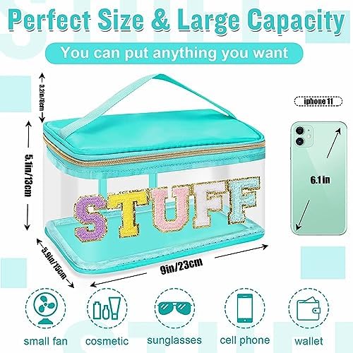 2 Pack Chenille Letter Clear Makeup Bags Stuff Pouch, Preppy Patch Makeup Bag Zipper with Handle, Pink Stuff Bags for Travel Nylon Waterproof Glitter Cosmetic Toiletry Storage for Women(Pink+Green) - Image 2