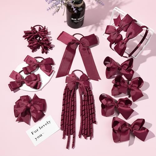 DEEKA Burgundy School Hair Accessories Set 13 Pcs Uniform Hair Bow Headband Clips Hair Ties Curly Korker Bows for Little Toddler School Girls (Burgundy) - Image 4