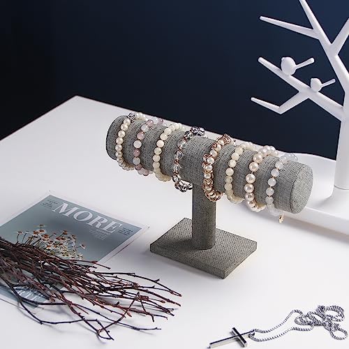 T-Bar Bracelet Holder, Bracelet Display Stand For Selling, Hair Tied Jewelry Organizer Watch Rack For Home Show (Gray Linen) - Image 2
