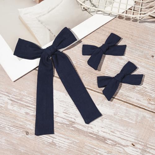 DEEKA Navy Cotton Linen Hair Bows 2 Sizes 5"&3.5" Soft Hair Bow set for Toddler Girls Long Ponytail Knot Bows Alligator Clip Hair Accessories for Little School Girls (Navy) - Image 7