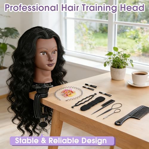 Mannequin Head with 80% Real Hair, 26" Styling Training Head Cosmetology Mannequin Head, Practice Training Doll Head with Clamp Holder and Tools (Black) - Image 2