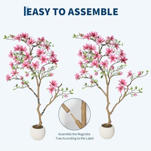 5 Inch Artificial Magnolia Tree with Pot, Faux Flower Tree with Pink Magnolia Blooms and Green Leaves, Potted Artificial Plant for Living Room, Bedroom, Office, Entryway, Store, Home Dector - Image 3