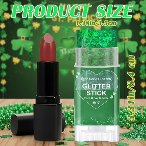 Green Hair Glitter Stick,Halloween Body Face Glitter,Green Spirit Day Accessories,Waterproof Green Holographic Glitter for Rave Singer Concert Party,Shimmer St Patrick's Day Outfit for Women - Image 4