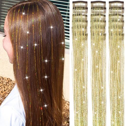 18 Pcs Hair Tinsel Clip in, 20.5 Inch Glitter Tinsel Hair Extensions, Shiny Sparkling Fairy Hair Tinsel Clips, Dazzling Party Hair Accessories for Girls Women Kids (Gold) by Nielp