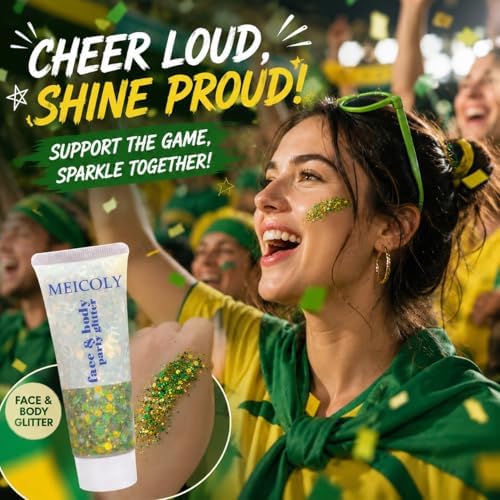 MEICOLY Gold Green Face Glitter Gel,Green and Yellow Hair Glitter Makeup for Halloween Mardi Gras Carnival Irish Festival Party,Cheer Glitter Spirit Day Body Glitter Accessories for Women - Image 3