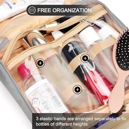 COOSKY Travel Hanging Toiletry Bag for Women, Holds Full-Size Shampoo, with Jewelry Organizer Compartment, Extra Large Makeup Bag, Waterproof Cosmetic Bag, Toiletries Kit Set with Trolley Belt, Grey - Image 6