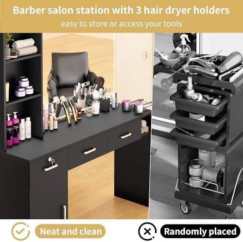 50.4" Barber Station for Hair Stylist, Salon Storage Cabinet with 3 Drawers, Lockable Compartment, 3 Tool Holders and Open Shelves, Hairdresser Workstation, Black, Mirror Not Included - Image 4