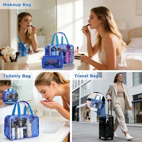 2PCS Clear Star Print Waterproof Makeup Bag, Lagre PVC Cosmetic Pouch with Zipper, Travel Toiletry Organizer for Women, Small Personal Item for Travel, Business Trip, Gym & Daily Use (Dark Blue) - Image 5