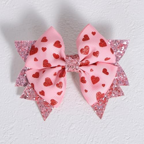 Glitter Pink Valentines Hair Bows for Girls 2pcs 3.5" Red Heart Ribbon Dressy Bow Alligator Clips for Women Wedding Party outfit Decor Accessory Her Birthday Favor Gift - Image 3