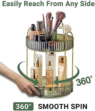 Asayuee 360 Rotating Makeup Organizer,2 Tier Large Capacity Make Up Organizers and Storage,Skincare Perfume Vanity Organizers,Bathroom Cosmetics Storage Organizer Countertop (Green) - Image 3