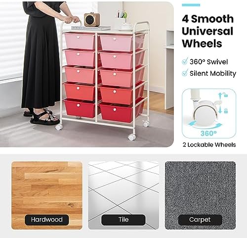 Giantex 10 Drawers Rolling Cart, Classroom Organizers, Storage Cart with Wheels, for Teacher Office Home School Supplies Tool Craft Art Paper, Pink Gradient - Image 6