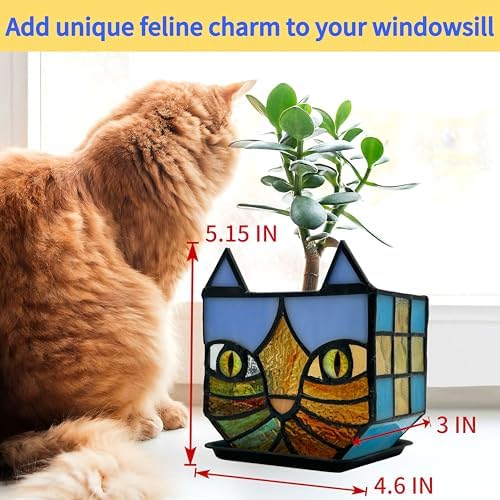 Tiffany Style Stained Glass Cat Flower Pots with Drainage,Funny Blue Cat Planter,Cute Garden Pots,Flower Pots for Indoor Plants,Gifts for Plant Lovers,4.6x3x5.15 in - Image 6