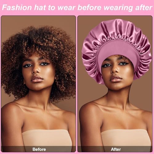 4Pcs Silk Satin Bonnets for Sleeping - Elastic Wide Band Wrap for Black Women Men,Silk Bonnets for Curly Hair Cap for Sleeping (Bean Paste Pink & Black & Purple & Brown) - Image 2