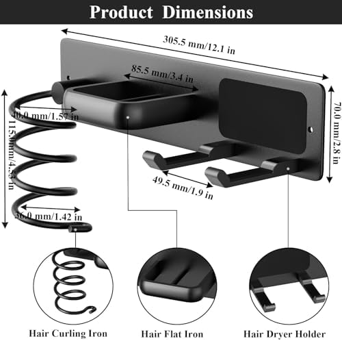 Hair Dryer Holder Wall Mounted Blow Dryer Holder Curling Iron Holder Straightener Holder 3 in 1 Bathroom Metal Hair Tool Organizer Rack（Matte Black） - Image 4