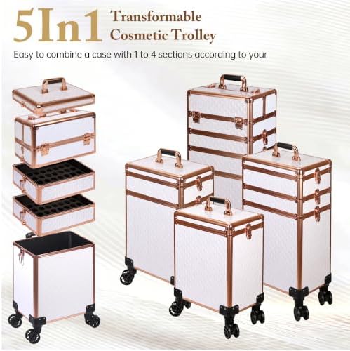 5 in 1 Rolling Makeup Train Case Professional Cosmetic Trolley Large Storage Organizer on Wheels for Hairstylist Artist Nail Beauty Salon Barber White - Gold Frame - Image 7