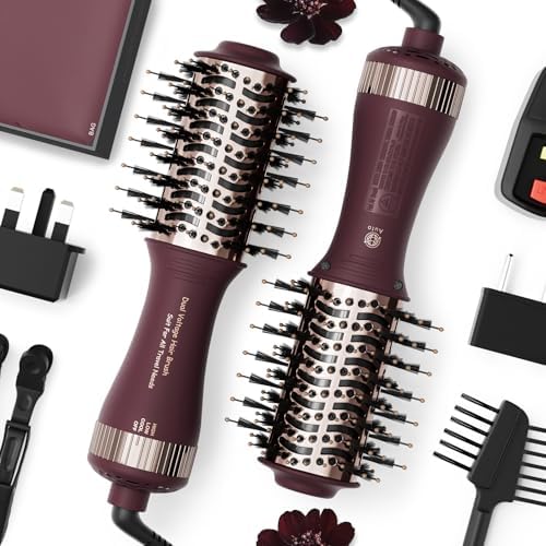 Travel Dual Voltage Hair Dryer Brush 4-in-1 Portable Mini Hot Air Blow Dryer Straightener & Curler Brush, Automático Doble Voltaje Cepillo Secador De Cabello 110~240V US/EU/UK -Blackcurrant Rose Gold by MayAllDreamsRealizedEndingMisfortuneInAuspicious