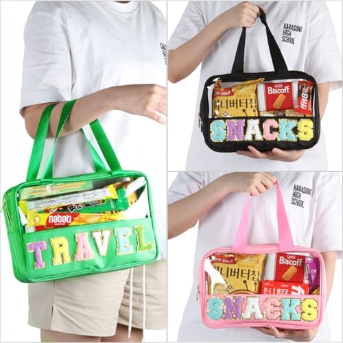 BuyCard Chenille Letter Clear Snack Bags Makeup bag, Preppy Cosmetic Bag, Nylon & PVC Waterproof Travel Pouch with Zipper & Handle, Large Capacity Toiletry Organizer Bag for Women & Girls (Pink) - Image 6