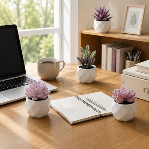Tiita Mini Purple Artificial Succulents in Pots, 4 Pack for Desk Decor - Image 2
