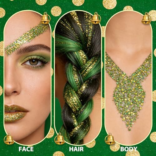 Mysense Chameleon Green Glitter Stick,Face Hair Body Glitter Makeup Shifts Green and Gold,St Patricks Day Accessories,Mardi Gras Outfit for Women,Sparkling Chunky Glitter for Festival Rave Party - Image 4