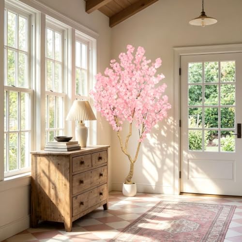 Pink Artificial Cherry Blossom Tree 7FT with Sturdy White Planter - Image 2