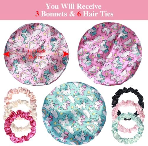 3pcs Satin Bonnets for Kids Sleeping, Cute Hair Bonnet with Scrunchies for Girls Curly Hair, A - Image 2