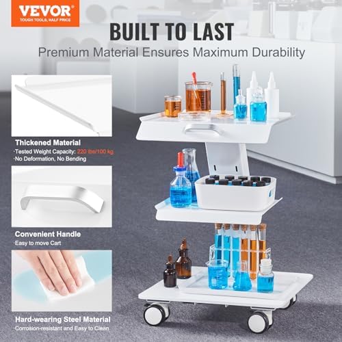 VEVOR Esthetician Cart with Swivel Wheels, 3-Tier Rolling Beauty Salon Trolley, Steel Metal Mobile Storage Tray for Lab, Clinic, Spa & Tattoo Studios, 220 lbs Weight Capacity - Image 2