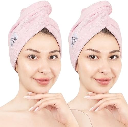 American Soft Linen 100% Cotton Hair Towels for Women, Head Towel Cap, Cotton Hair Turban Towel Wrap for Long Curly Anti Frizz Hair, Soft and Absorbent Cotton Hair Towels 2 Pack, Pink by AmericanSoftLinen