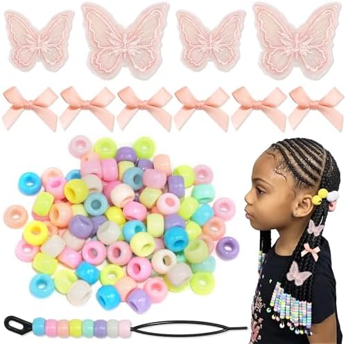 100PCS Hair Beads for Braids Peach Small Hair Bows Embroidery Butterfly Hair Clips Colorful Gradient Pony Beads Loc Jewelry for Women Girls by Arocooy