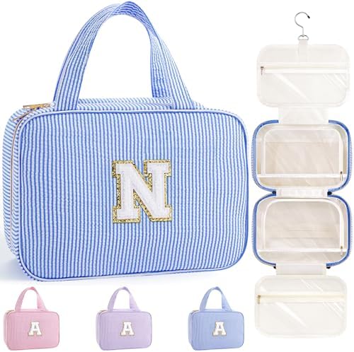 TOPEAST Hanging Toiletry Bag for Women - Travel Toiletry Bag Makeup Bag, Portable Toiletries Cosmetic Bag, Airplane Travel Essentials - Letter N, Blue by TOPEAST