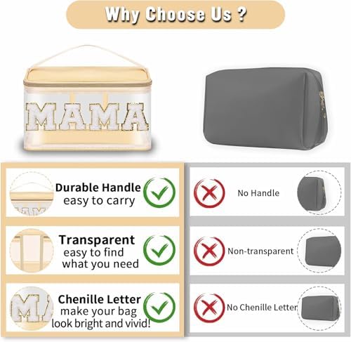 Chenille Letter Clear Makeup Bags Mama Pouch, Preppy Patch Makeup Bag Zipper with Handle, Transparent PVC & Nylon Waterproof Glitter Cosmetic Handbag Travel Toiletry Storage for Women Girl(MAMA-Beige) - Image 4