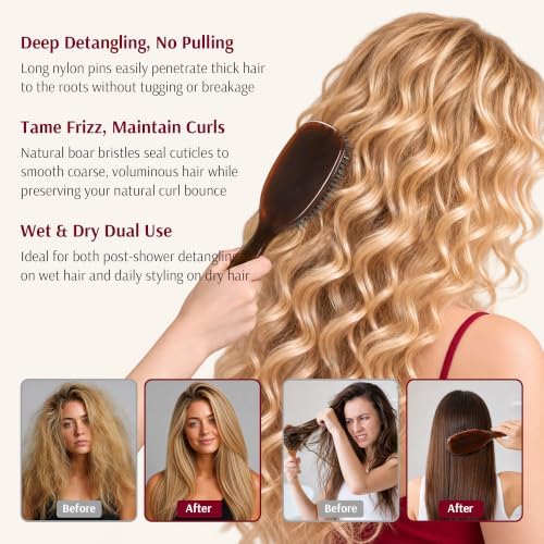 VOCOSTE Boar Bristle Hair Brush, Detangling & Shine Paddle Brush Gift Set - Image 5