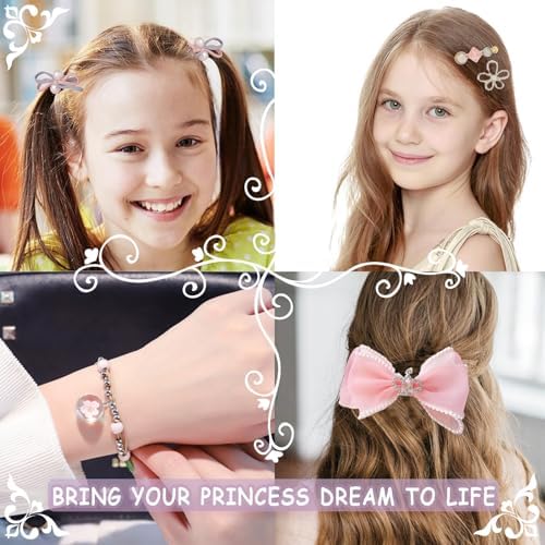 Princess Jewelry Box for Girls with Hair Accessories,Girls Hair Clips Bows Set, Fashion Hair Styling Kit with Mirror,Pink Sparkle Trinket Box Includes Hair Clips - Image 6